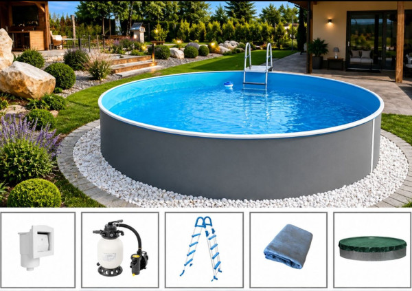 Rundpool-Set Graphit 4,60 x 1,20 m mit Sandfilter Aqua Plus, Skimmer, Sicherheitseiter, Vlies, Abdec