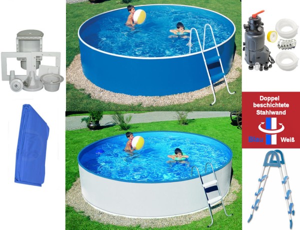 Stahlwandpool-Set weiß/blau 2,40 m x 0,90 m mit Sandfilter Azuro® 2 m³, Leiter, Skimmer