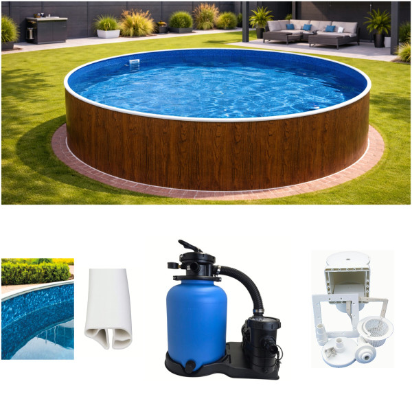 Rundpool Holzoptik 4,60 x 1,20 m Poolfolie marmoriert, Skimmer, Sandfilter