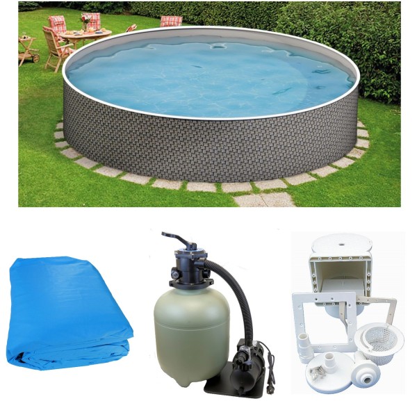 Rundpool-Set Rattanoptik 4,60 x 1,20 m mit Skimmer, Sandfilter 300 O, Innenhülle blau