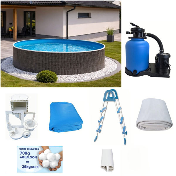 Rundpool-Set Rattanoptik 4,60 x 1,20 m mit Skimmer, Leiter, Sandfilter, Aqualoon, Vlies