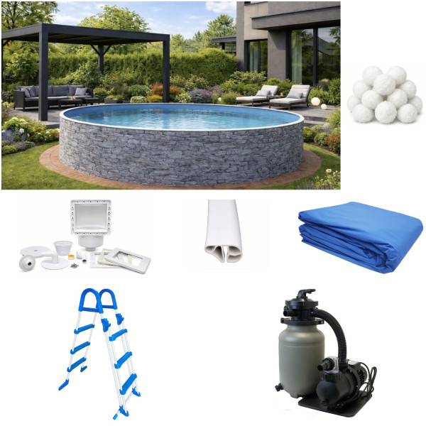 Rundpool-Set Steinoptik 4,60 x 1,20 m mit Sandfilter, Aqualoon, Skimmer, Leiter