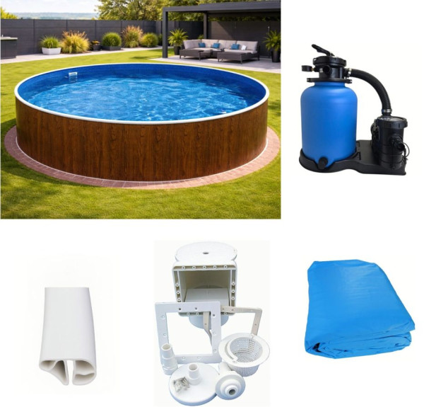 Rundpool-Set Holzoptik 4,60 x 1,20 m Poolfolie blau, Skimmer, Sandfilter