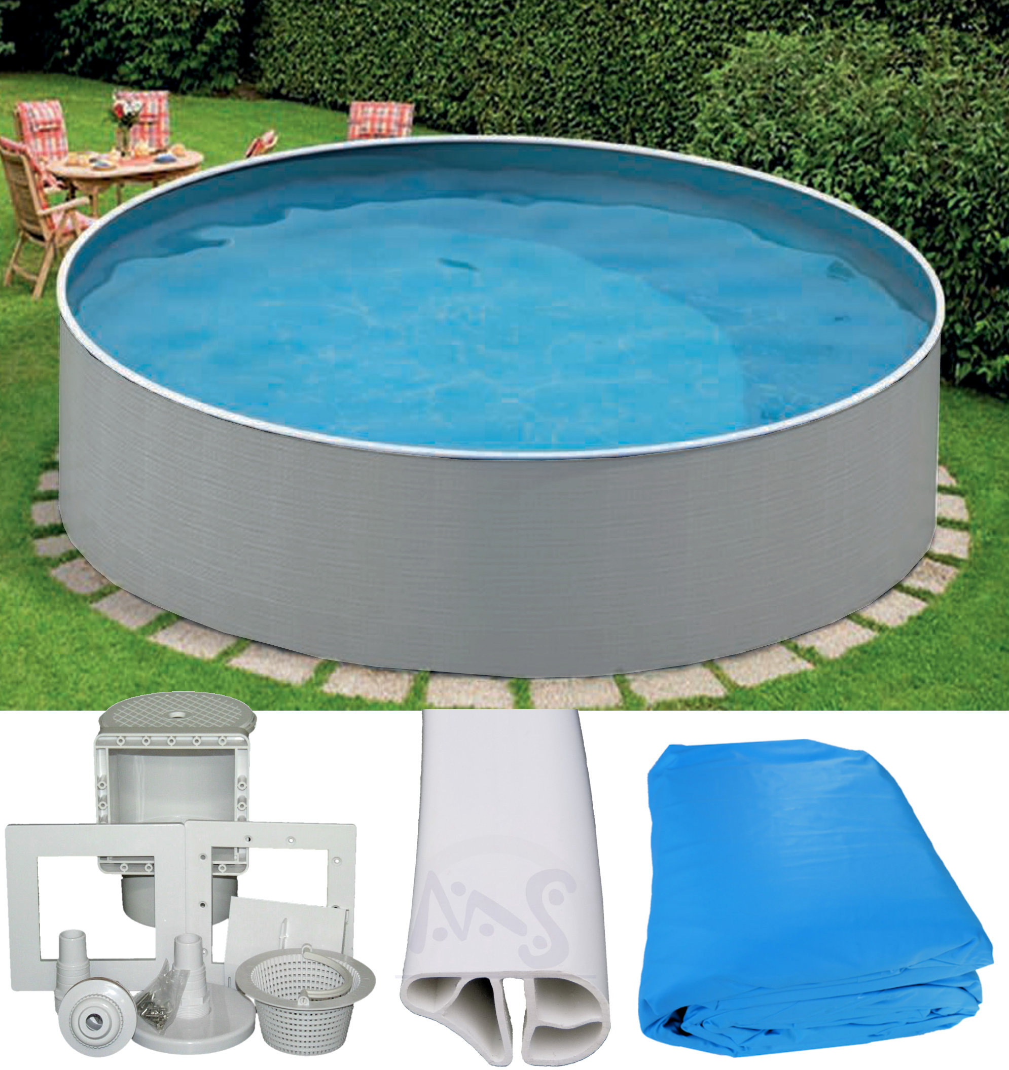 Stahlwandpool PROFI KOMPLETTSet in grau 3,60 x 0,90 m inkl. Wärmepumpe