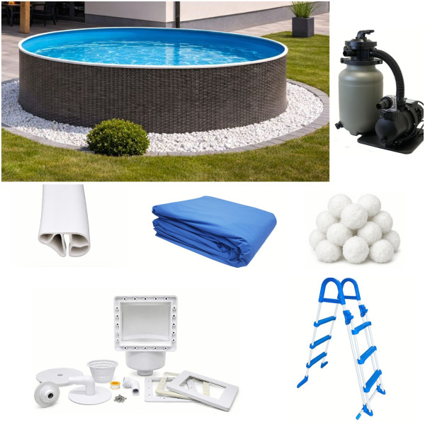 Rundpool-Set Rattanoptik 3,60 x 1,20 m mit Leiter, Sandfilteranlage und Aqualoon