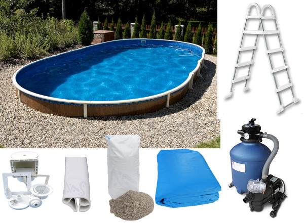 Ovalpool-Set Holzoptik 5,50 x 3,70 x 1,20 m Skimmer, Leiter, Sandfilter, Sand