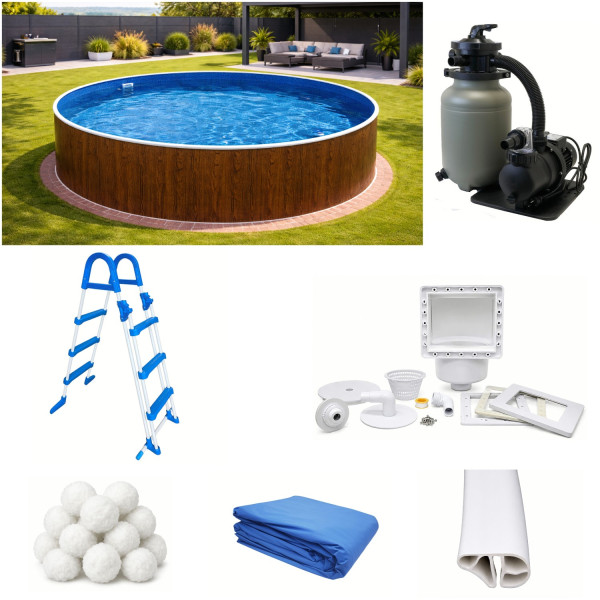 Rundpool-Set Holzoptik 3,60 x 1,20 m, Poolfolie blau, Sandfilter, Skimmer, Leiter, Aqualoon