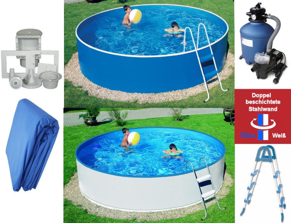 Stahlwandpool-Set weiß/blau 3,60 m x 0,90 m mit Skimmer, Leiter, Sandfilteranlage Trend Top 380