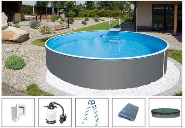 Rundpool-Set Graphit 4,60 x 1,20 m mit Sandfilter, Skimmer, Sicherheitseiter, Vlies, Abdeckung