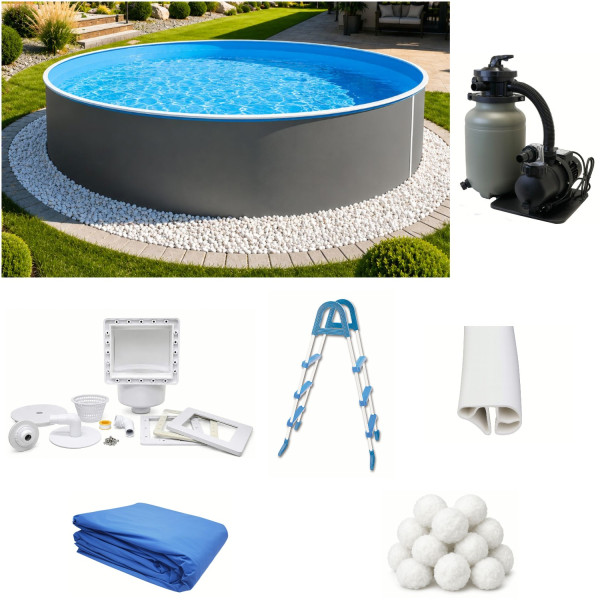 Rundpool Set graphit 3,60 m x 0,90 m mit Sandfilteranlage, Skimmer, Leiter, Aqualoon