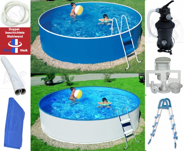 Stahlwandpool-Set weiß/blau 3,60 m x 0,90 m mit Skimmer, Leiter, Sandfilter Kompakt Sun