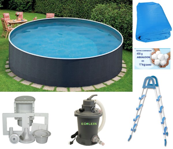 Rundpool-Set Rattanoptik 3,60 x 1,20 m mit Leiter, Sandfilter und Aquawool 450g