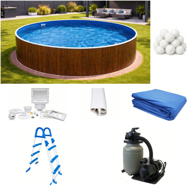 Rundpool-Set Holzoptik 4,60 x 1,20 m Poolfolie blau, Skimmer, Leiter, Sandfilter, Aqualoon, Vlies