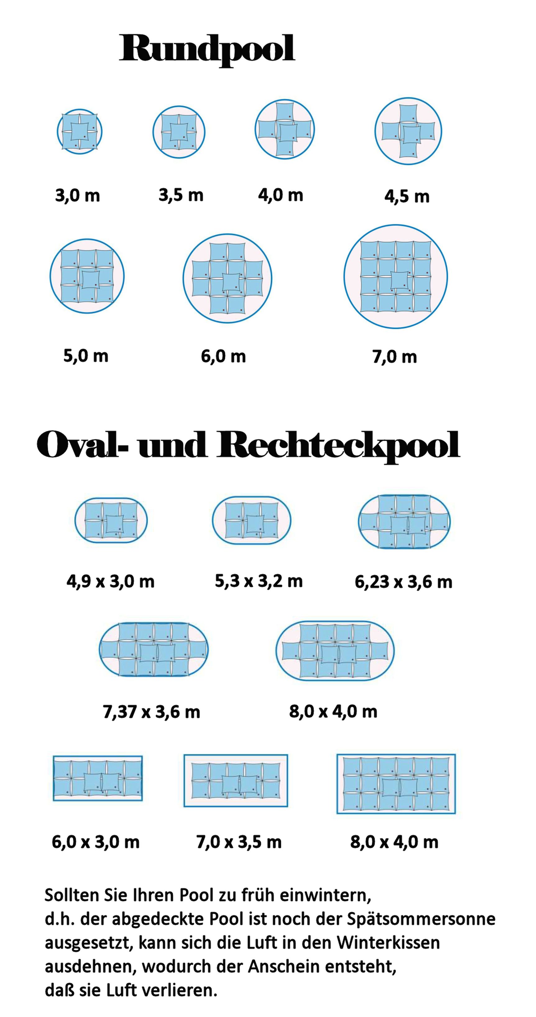 Abdeckplane blau für Rechteckbecken 600x300cm mit 10 Luftkissen