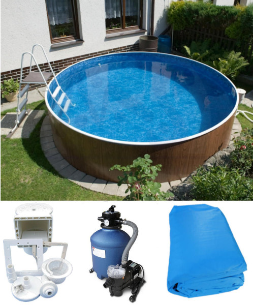Rundpool-Set Holzoptik 4,60 x 1,20 m Poolfolie blau, Skimmer, Sandfilter