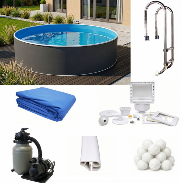 Rundpool-Set graphit 3,60 m x 0,90 m zum eingraben Einhängeleiter, Sandfilteranlage, Aqualoon