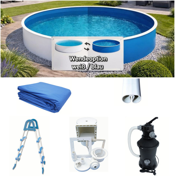 Stahlwandpool-Set weiß/blau 3,60 m x 0,90 m mit Skimmer, Leiter, Sandfilteranlage Kompakt Sun