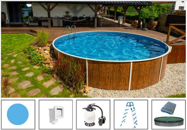 Rundpool-Set Holzoptik 4,60 x 1,20 m mit Sandfilter, Skimmer, Sicherheitseiter, Vlies, Abdeckung