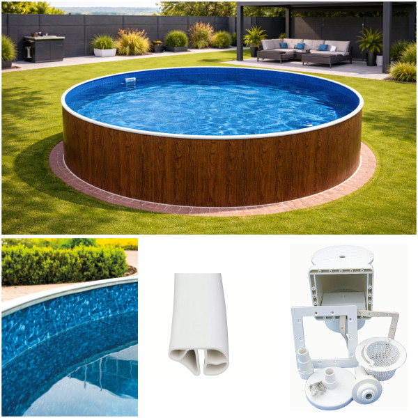 Rundpool Holzoptik 4,60 x 1,20 m Poolfolie marmoriert, mit Skimmer