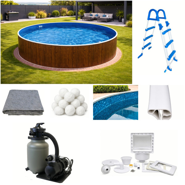 Rundpool-Set Holzoptik 4,60 x 1,20 m Folie marmoriert, Skimmer, Leiter, Sandfilter, Aqualoon, Vlies