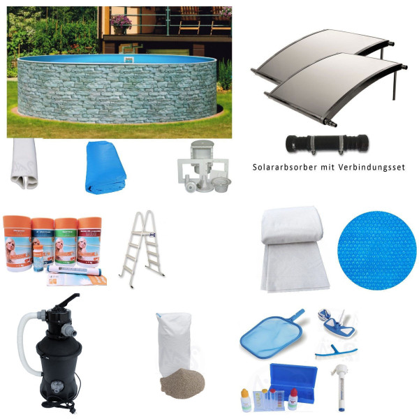 Stahlwandpool PROFI KOMPLETT-Set Steinoptik 3,60 x 0,90 m inkl. Solarabsorber