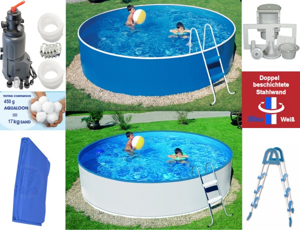 Stahlwandpool-Set weiß/blau 4,60 m x 0,90 m mit Sandfilter Azuro® 4m³, Leiter, Skimmer + 1x Aqualoon