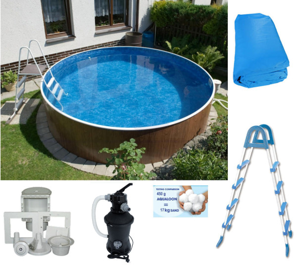 Rundpool-Set Holzoptik 3,60 x 1,20 m, Poolfolie blau, Kompakt Sun, Skimmer, Leiter, Aqualoon