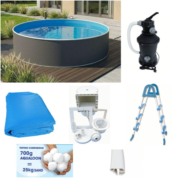 Rundpool-Set graphit 3,60 m x 0,90 m mit Sandfilteranlage, Skimmer, Leiter, Aqualoon