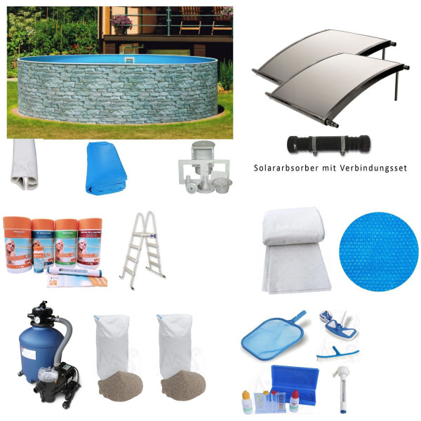 Stahlwandpool PROFI KOMPLETT-Set Steinoptik 3,60 x 0,90 m inkl. Solarabsorber
