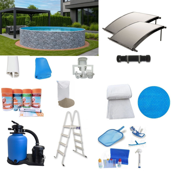 Stahlwandpool PROFI KOMPLETT-Set Steinoptik 3,60 x 0,90 m inkl. Solarabsorber