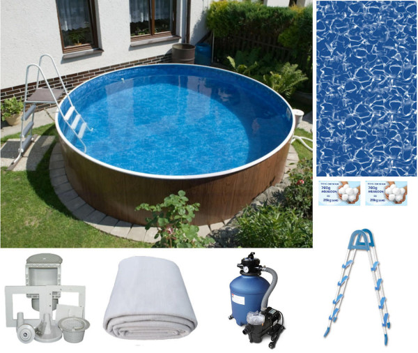 Rundpool-Set Holzoptik 4,60 x 1,20 m Folie marmoriert, Skimmer, Leiter, Sandfilter, Aqualoon, Vlies