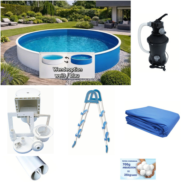 Stahlwandpool-Set weiß/blau 4,60 m x 0,90 m mit Sandfilteranlage, Leiter, Skimmer, Aqualoon