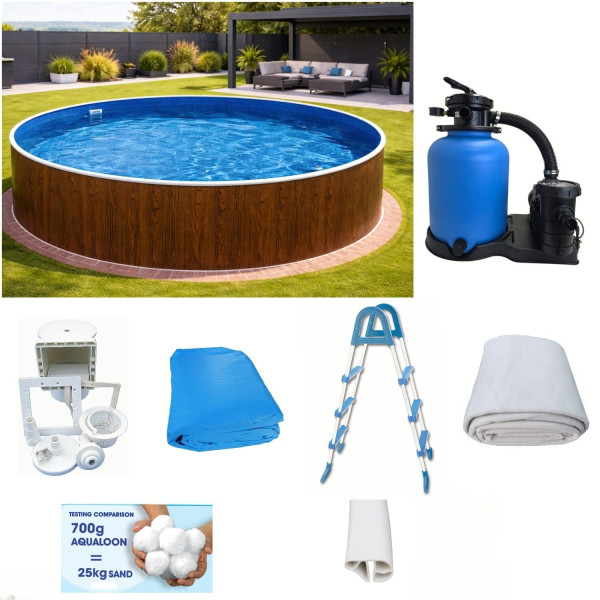 Rundpool-Set Holzoptik 4,60 x 1,20 m Poolfolie blau, Skimmer, Leiter, Sandfilter, Aqualoon, Vlies
