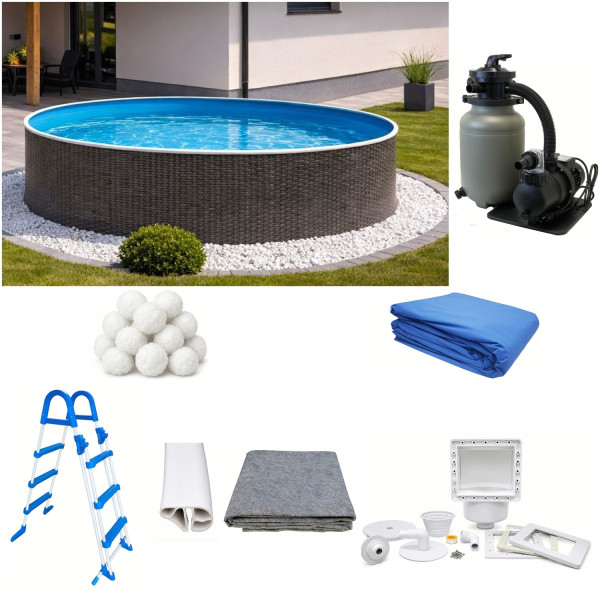 Rundpool-Set Rattanoptik 4,60 x 1,20 m mit Skimmer, Leiter, Sandfilter, Aqualoon, Vlies