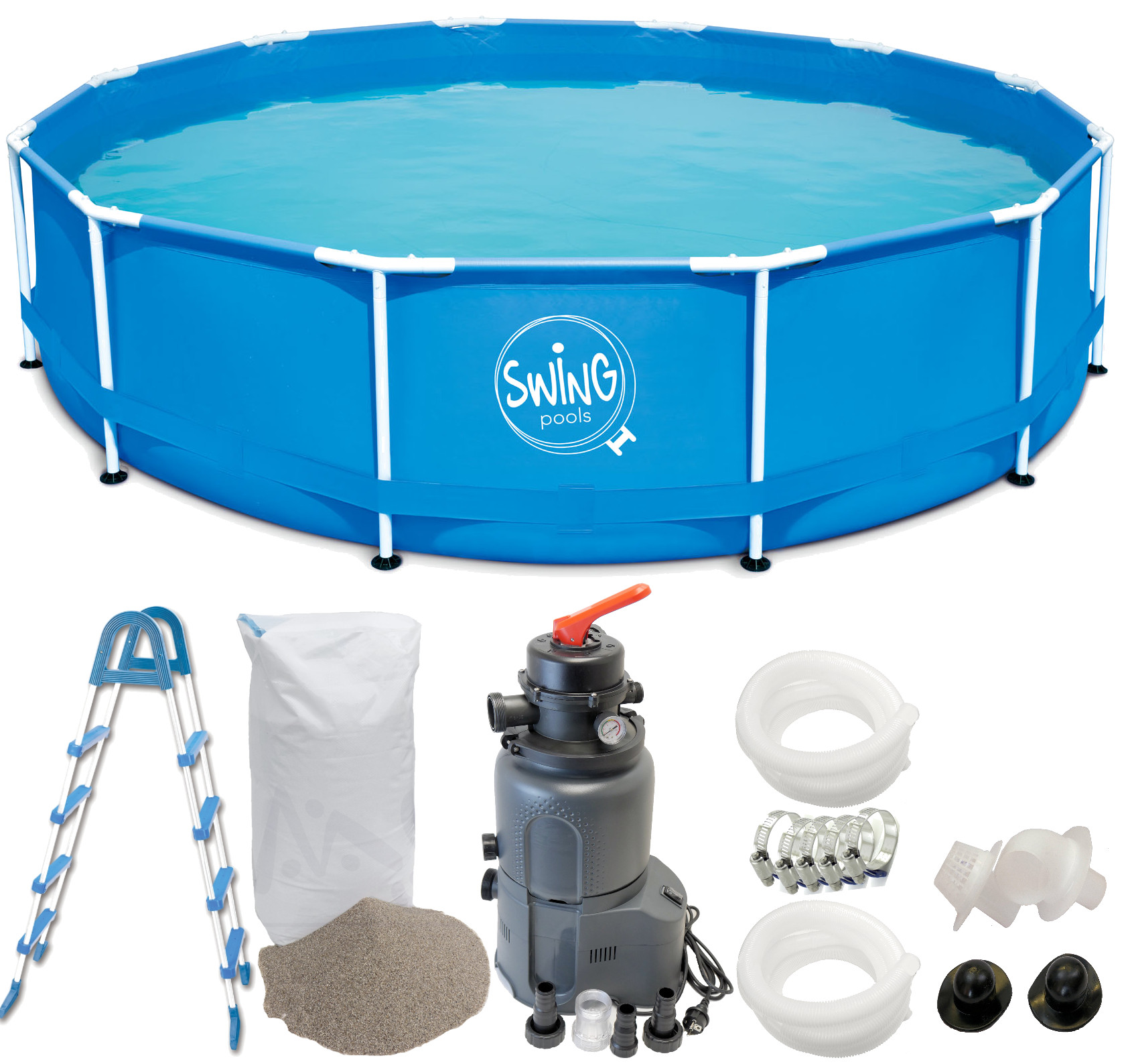 Swing Frame Metal Pool 457 X 122 cm mit Sandfilter Azuro® 4m³ ohne Timer, Leiter, Sand Frame