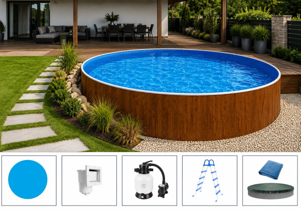 Rundpool-Set Holzoptik 4,60 x 1,20 m mit Sandfilter Aqua Plus ,Skimmer, Sicherheitseiter, Vlies, Abd