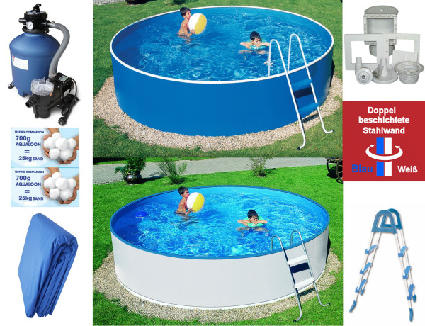 Stahlwandpool-Set weiß/blau 4,60 m x 0,90 m mit Sandfilter Trend Top 380, Leiter, Skimmer, Aqualoon