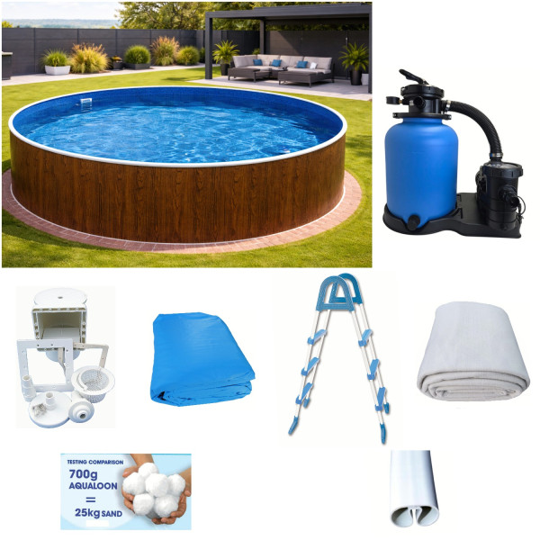 Rundpool-Set Holzoptik 4,60 x 1,20 m Poolfolie blau, Skimmer, Leiter, Sandfilter, Aqualoon, Vlies