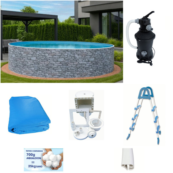 Rundpool-Set Steinoptik 3,60 x 0,90 m mit Sandfilteranlage, Leiter, Skimmer, Aqualoon