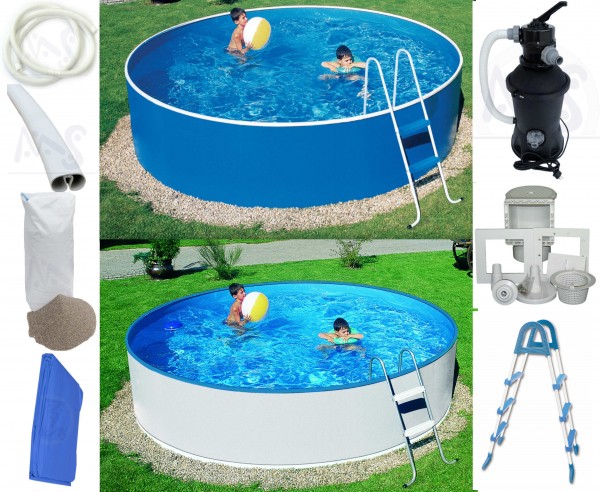Stahlwandpool-Set weiß/blau 4,60 m x 0,90 m mit Kompakt Sun, Leiter, Skimmer + 1x Sand