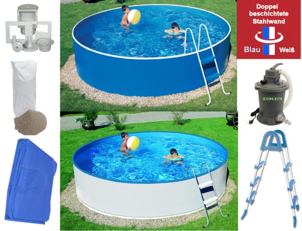 Stahlwandpool-Set weiß/blau 4,60 m x 0,90 m mit Sandfilter Ecolein, Leiter, Skimmer + 1x Sand