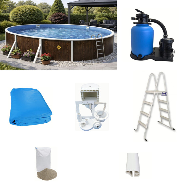 Ovalpool-SET Holzoptik 7,30 x 3,70 x 1,20 m Skimmer, Leiter, Sandfilter, Sand