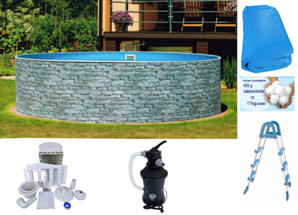 Rundpool-Set Steinoptik 3,60 x 0,90 m mit Sandfilter Kompakt Sun, Leiter, Skimmer, Aqualoon 450 g