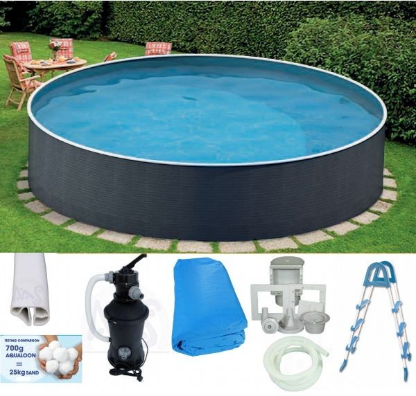 Rundpool-Set Rattanoptik 3,60 x 1,20 m mit Leiter, Kompakt Sun und Aquawool 450g