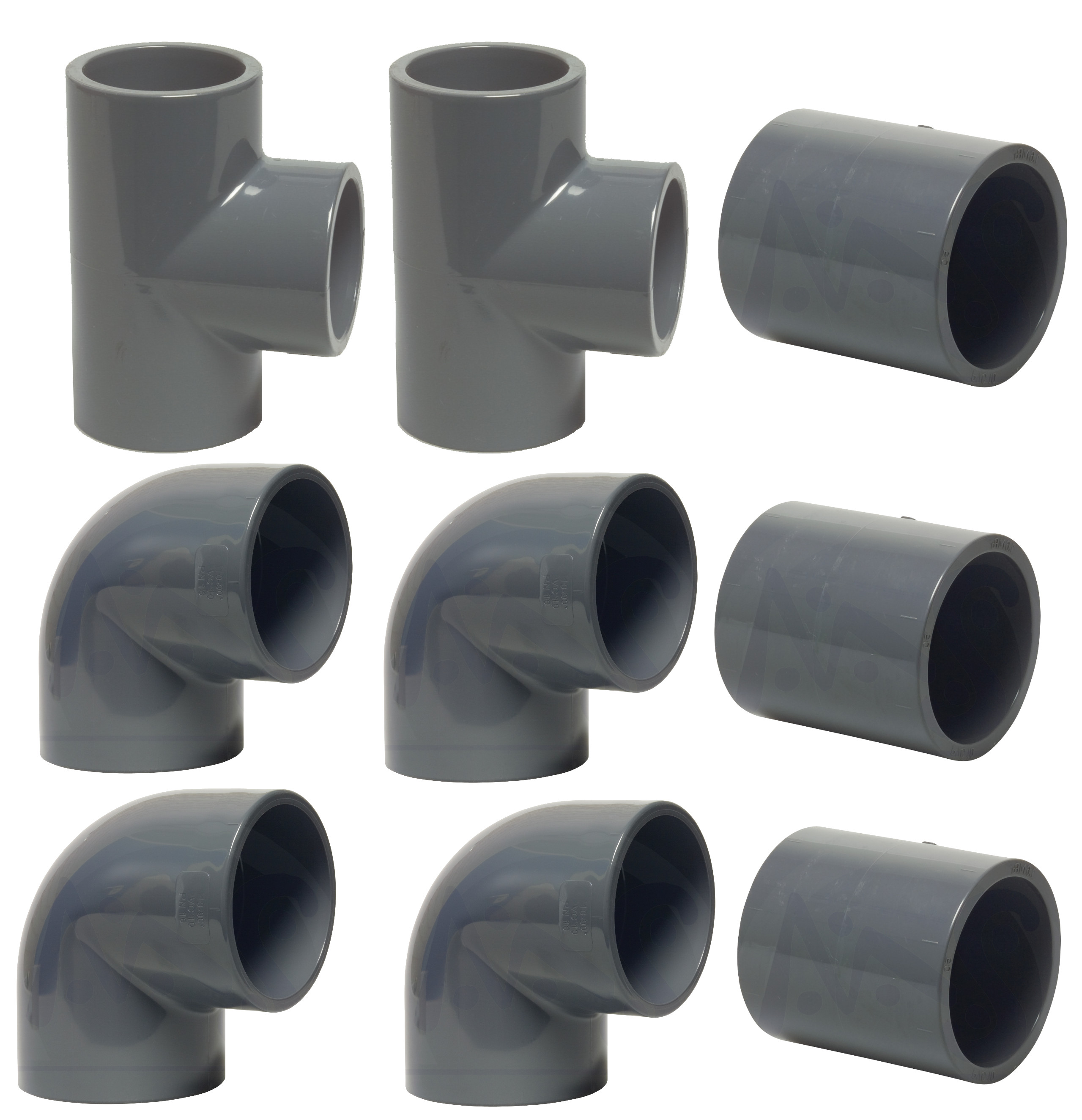 9 teiliges PVC Fittinge Set 50 mm 4 x Winkel 90° 3 x Klebemuffen 1 2 x