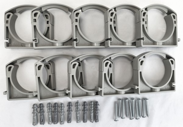 10 Stück PVC Rohrclips Rohrhalter Set 63 mm mit Schrauben und Dübeln