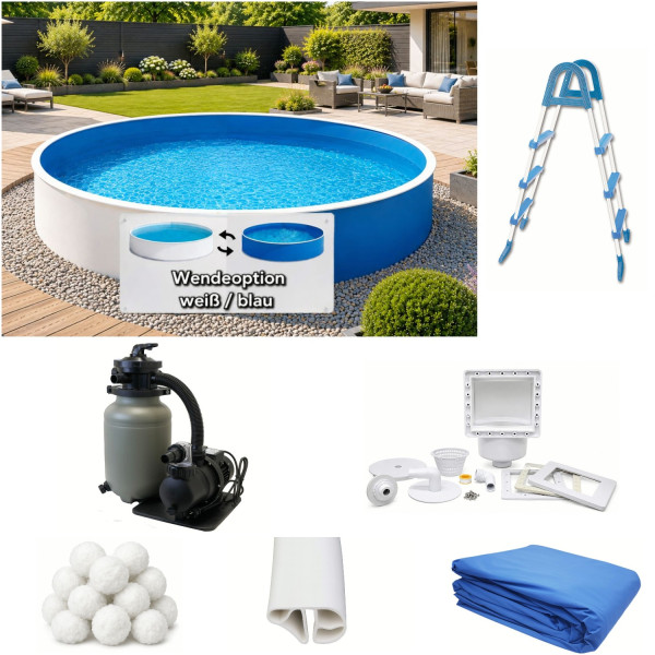 Stahlwandpool Set weiß/blau 4,60 m x 0,90 m mit Sandfilteranlage, Leiter, Skimmer, Aqualoon
