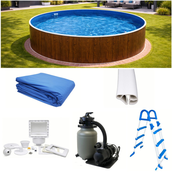 Rundpool-Set Holzoptik 4,60 x 1,20 m Poolfolie blau, Skimmer, Sandfilter