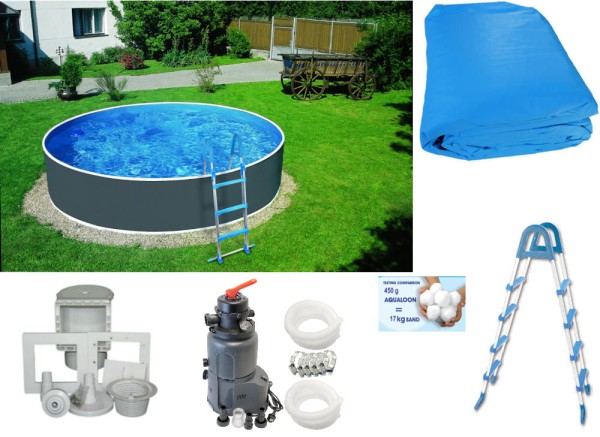 Rundpool-Set graphit 3,60 m x 0,90 m mit Sandfilteranlage Azuro® 4m³, Skimmer, Leiter, Aqualoon 450g