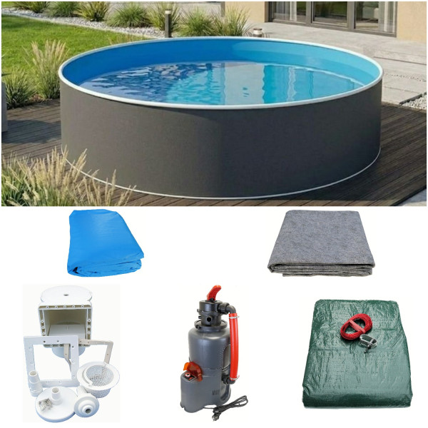 Rundpool-Set graphit 3,60 x 1,20 m mit Sandfilter, Skimmer, Sicherheitseiter, Vlies, Abdeckung